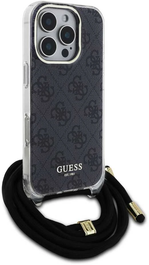 Guess GUHCP16LHC4SEK Apple iPhone 16 Pro 6.3″ juodos spalvos kietas dėklas Crossbody Cord 4G Print