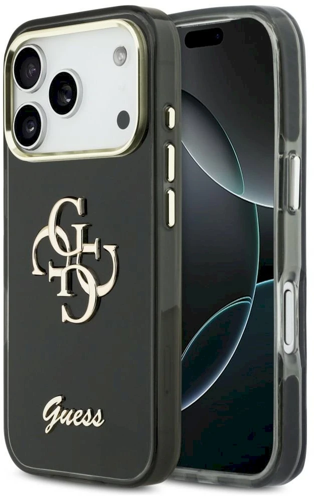 „Guess IML 4G Script Metal“ dėklas, skirtas „iPhone 17 Pro“ - juodas