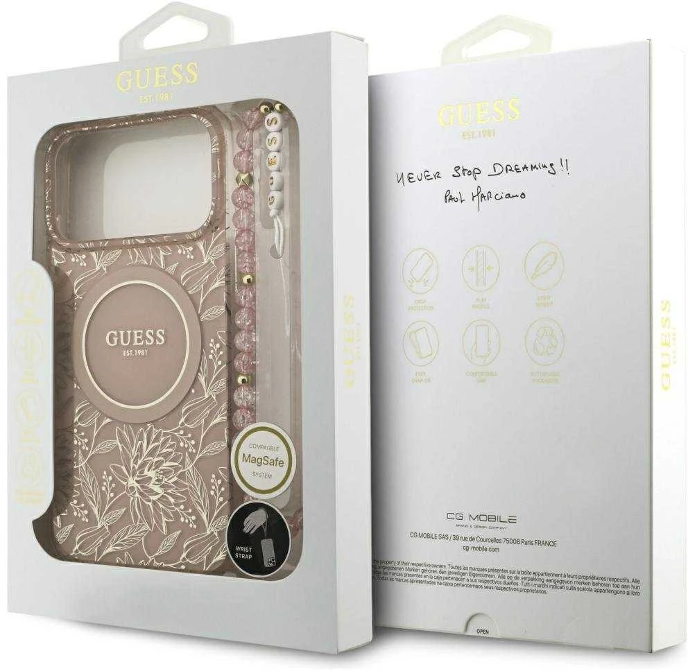 Guess IML Flowers Electro Pearl Strap MagSafe dėklas skirtas Apple iPhone 17 Pro Max rožinės spalvos