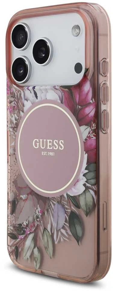 Guess IML Flowers virvelė MagSafe dėklas skirtas Apple iPhone 17 Pro rožinės spalvos