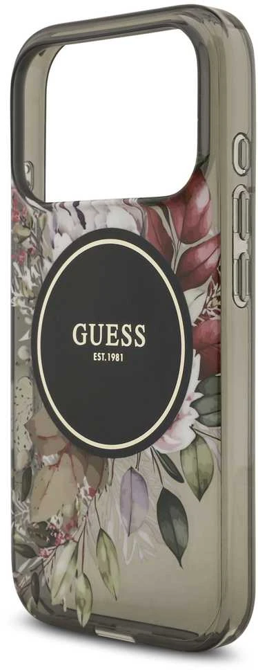 Guess IML Flowers Strap MagSafe dėklas skirtas Apple iPhone 17 Pro juodos spalvos