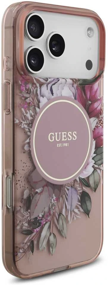 Guess IML Flowers Strap MagSafe dėklas skirtas Apple iPhone 17 Pro Max rožinės spalvos