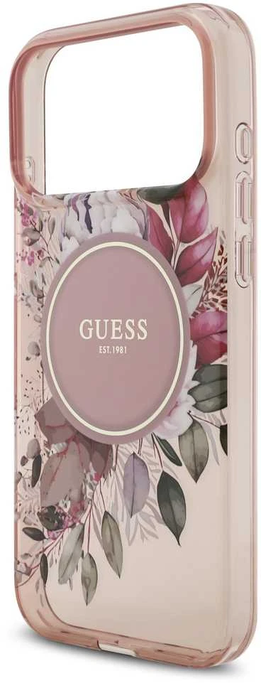 Guess IML Flowers Strap MagSafe dėklas skirtas Apple iPhone 17 Pro Max rožinės spalvos