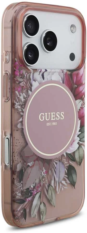 Guess IML Flowers virvelė MagSafe dėklas skirtas Apple iPhone 17 Pro rožinės spalvos
