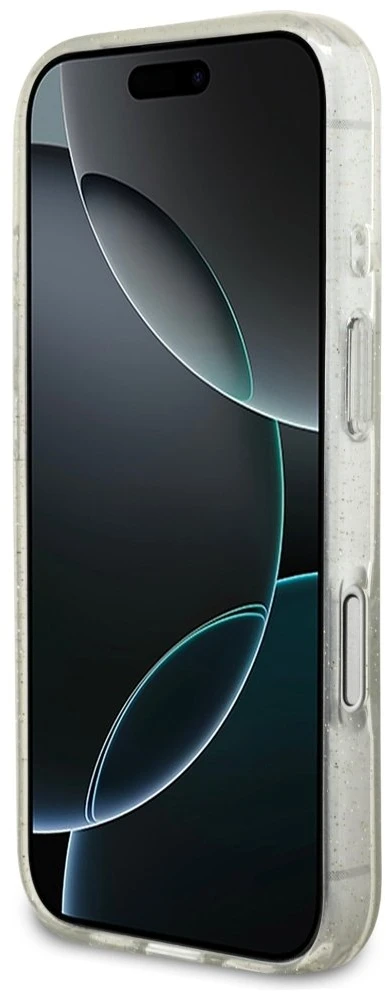 Guess IML Glitter Pearl Strap MagSafe dėklas Apple iPhone 17 Pro skaidrus