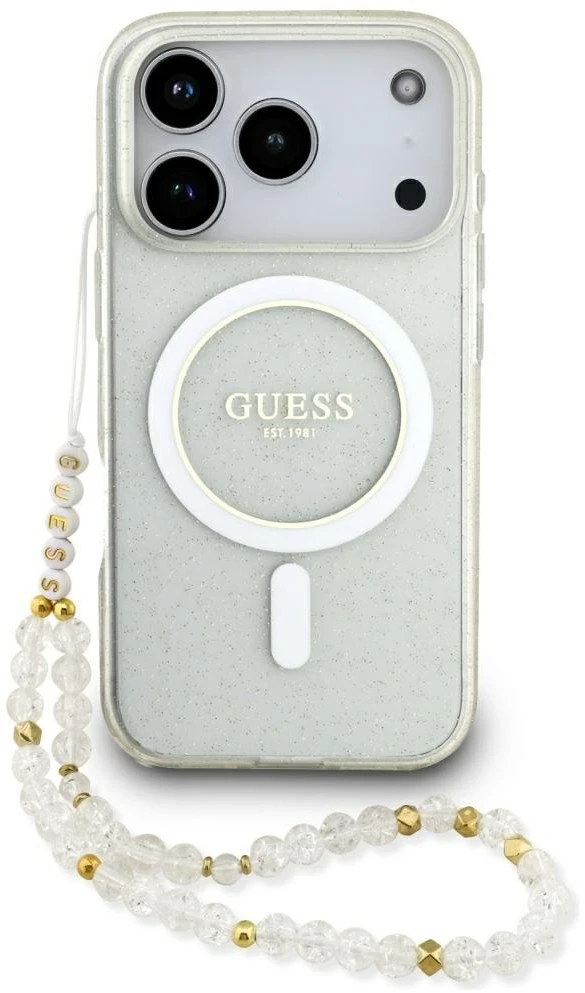 Guess IML Glitter Pearl Strap MagSafe dėklas Apple iPhone 17 Pro skaidrus