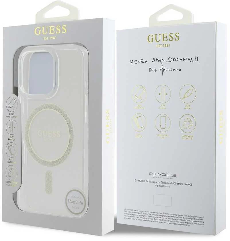 Guess GUHMP16LHFGERET Apple iPhone 16 Pro 6.3″ skaidrus kietas dėklas IML Glitter Circle MagSaf