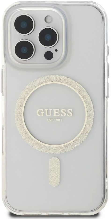 Guess GUHMP16LHFGERET Apple iPhone 16 Pro 6.3″ skaidrus kietas dėklas IML Glitter Circle MagSaf