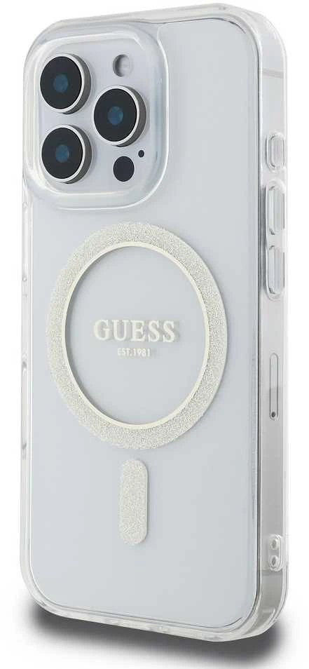 Guess GUHMP16LHFGERET Apple iPhone 16 Pro 6.3″ skaidrus kietas dėklas IML Glitter Circle MagSaf