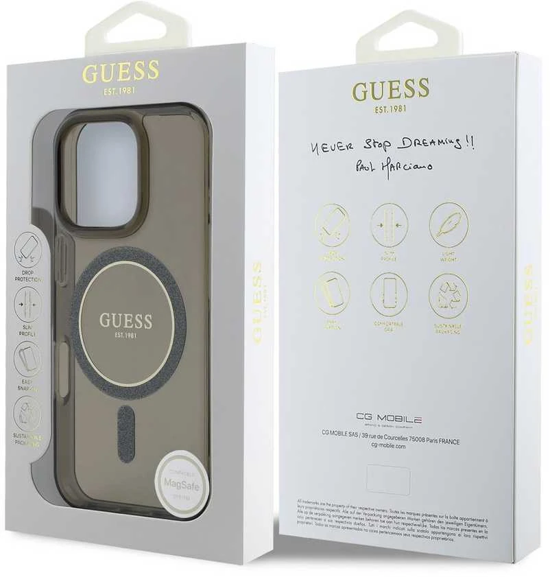 Guess GUHMP16LHFGEREK Apple iPhone 16 Pro 6.3" dėklas telefonui juodos spalvos IML Glitter Circle MagSafe