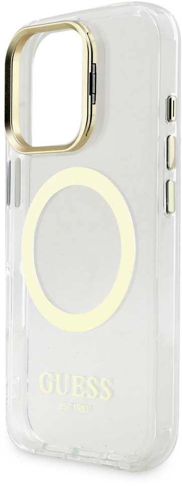 Guess IML Gold Outline Stand Camera Frame MagSafe dėklas skirtas Apple iPhone 16 Pro skaidrus