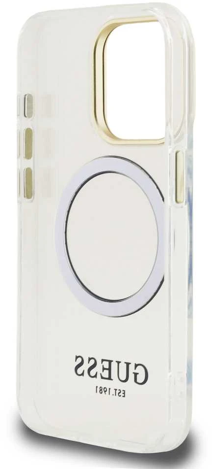 Guess IML Gold Outline Stand Camera Frame MagSafe dėklas skirtas Apple iPhone 15 Pro skaidrus