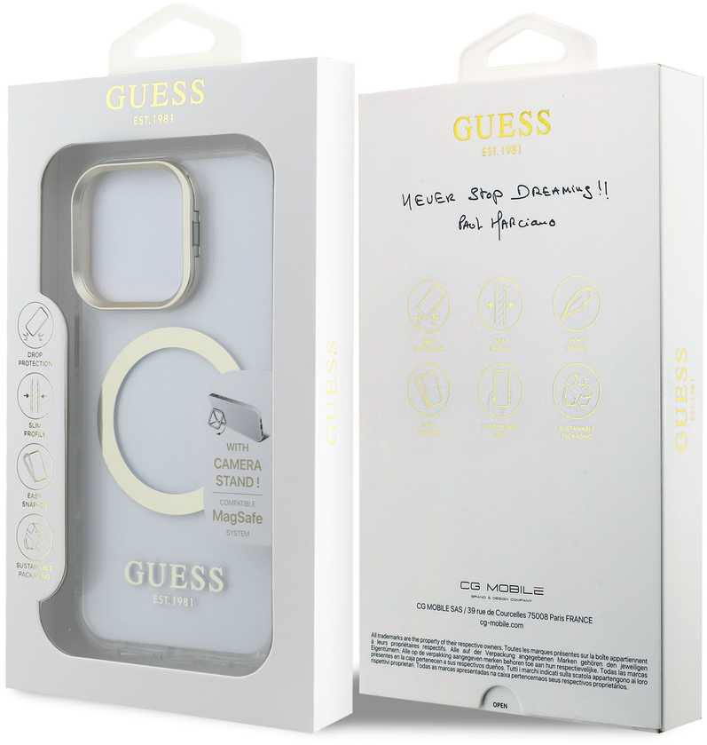 Guess IML Gold Outline Stand Camera Frame MagSafe dėklas skirtas Apple iPhone 16 Pro skaidrus