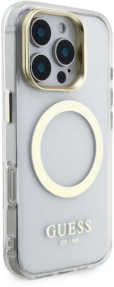 Guess IML Gold Outline Stand Camera Frame MagSafe dėklas skirtas Apple iPhone 16 Pro skaidrus