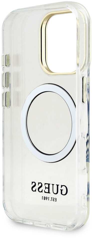Guess IML Gold Outline Stand Camera Frame MagSafe dėklas skirtas Apple iPhone 16 Pro skaidrus