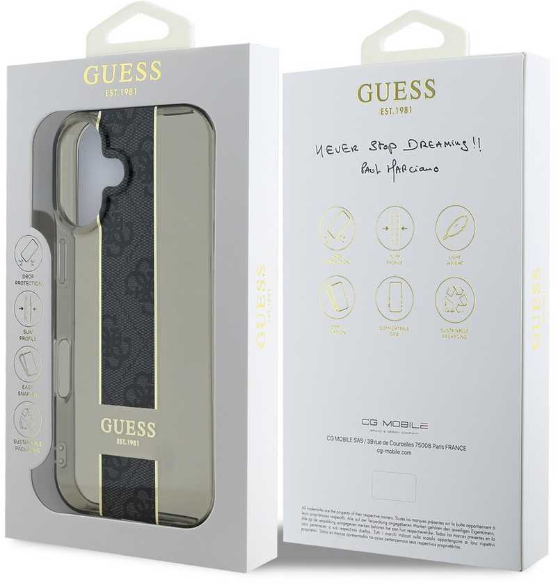 Guess IML Middle 4G Stripe Apple iPhone 16 dėklas telefonui juodos spalvos
