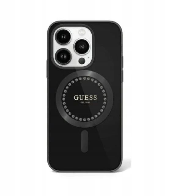 Guess GUHMP16LPFTDTEK Apple iPhone 16 Pro 6.3″ juodos spalvos kietas dėklas IML Rhinestones MagSafe