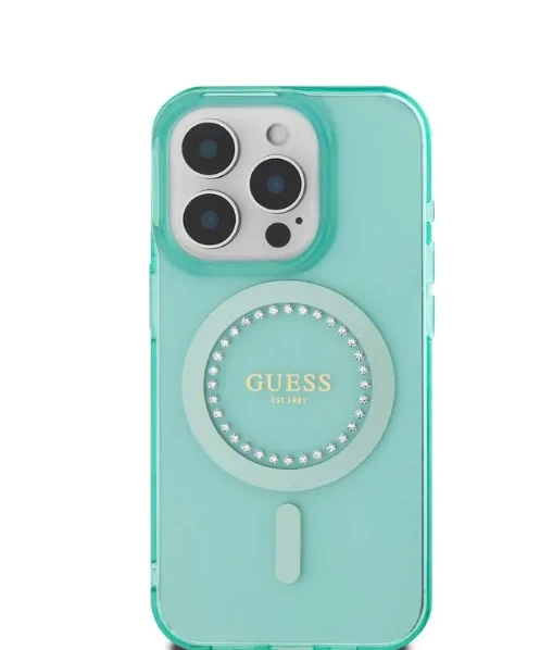 Guess GUHMP16SPFTDTEN Apple iPhone 16 6.1″ žalias kietas dėklas IML Rhinestones MagSafe