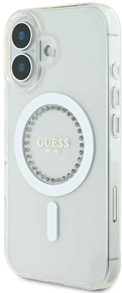 Guess GUHMP16SPFTDTEH Apple iPhone 16 6.1″ baltos spalvos kietas dėklas IML Rhinestones MagSafe