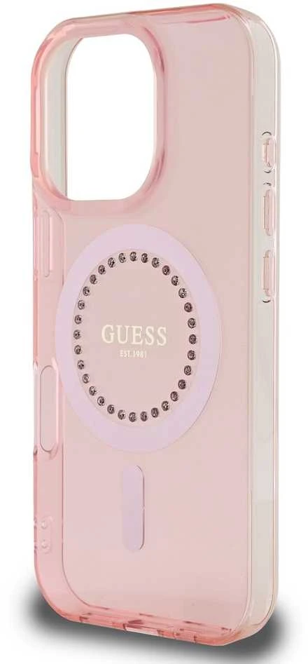 Guess GUHMP16LPFTDTEP Apple iPhone 16 Pro 6.3″ rožinės spalvos kietas dėklas IML Rhinestones MagSafe