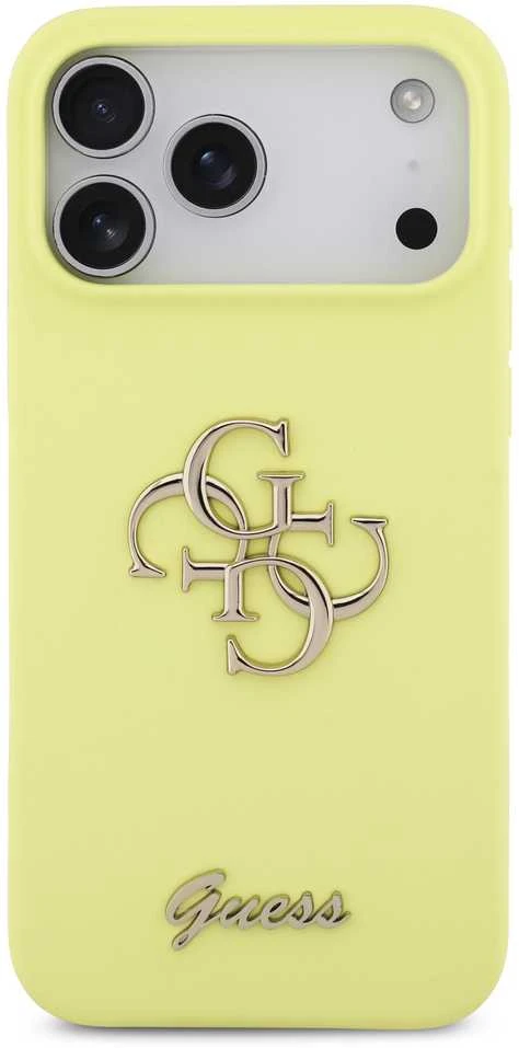 Guess Liquid Silicone 4G Metal Logo dėklas skirtas Apple iPhone 17 Pro Max geltonos spalvos
