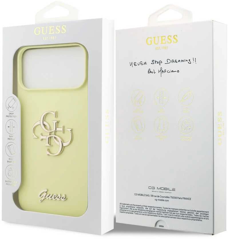 Guess Liquid Silicone 4G Metal Logo dėklas skirtas Apple iPhone 17 Pro Max geltonos spalvos