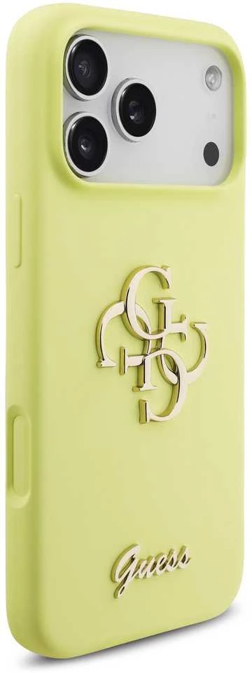 Guess Liquid Silicone 4G Metal Logo dėklas skirtas Apple iPhone 17 Pro Max geltonos spalvos
