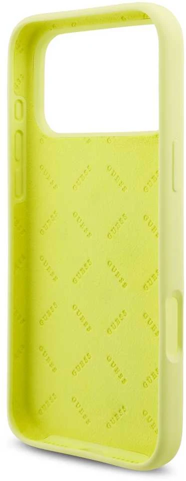 Guess Liquid Silicone 4G Metal Logo dėklas skirtas Apple iPhone 17 Pro Max geltonos spalvos
