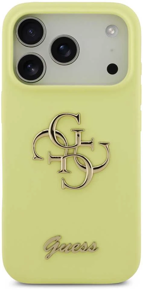 Dėklas Guess Liquid Silicone 4G Metal Logo Case for Apple iPhone 17 Pro geltonos spalvos