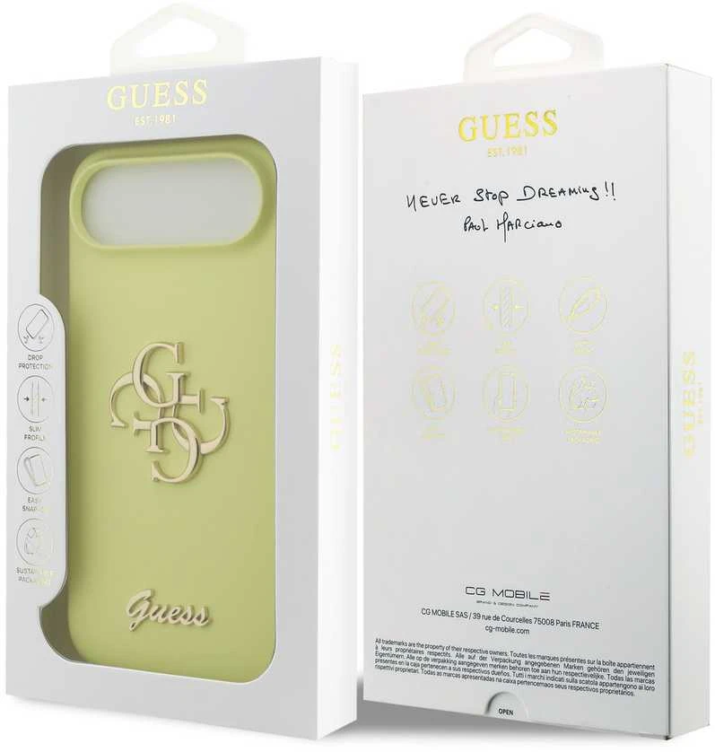 Guess Liquid Silicone 4G Metal Logo dėklas skirtas Apple iPhone 17 Air geltonos spalvos