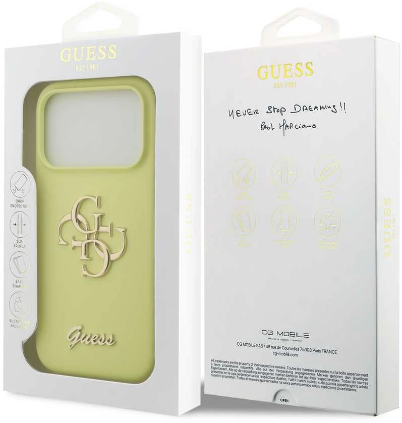 Dėklas Guess Liquid Silicone 4G Metal Logo Case for Apple iPhone 17 Pro geltonos spalvos