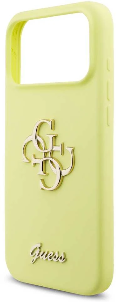 Guess Liquid Silicone 4G Metal Logo dėklas skirtas Apple iPhone 17 Pro Max geltonos spalvos