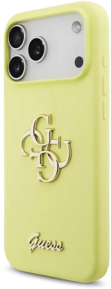 Guess Liquid Silicone 4G Metal Logo dėklas skirtas Apple iPhone 17 Pro Max geltonos spalvos