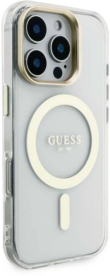 „Guess“ PC/TPU galvanizuoto stovo kameros rėmelis „MagSafe“ dėklas su keičiamais fonais, skirtas „Apple iPhone 16 Pro“