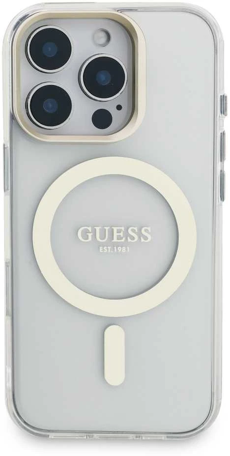 „Guess“ PC/TPU galvanizuoto stovo kameros rėmelis „MagSafe“ dėklas su keičiamais fonais, skirtas „Apple iPhone 16 Pro“