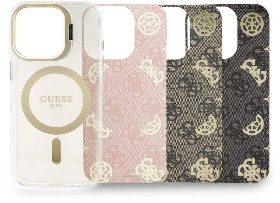 „Guess“ PC/TPU galvanizuoto stovo kameros rėmelis „MagSafe“ dėklas su keičiamais fonais, skirtas „Apple iPhone 16 Pro“
