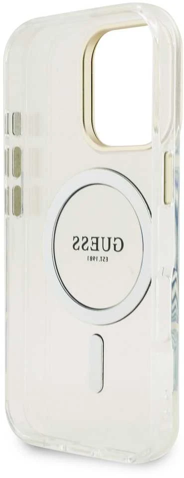 „Guess“ PC/TPU galvanizuoto stovo kameros rėmelis „MagSafe“ dėklas su keičiamais fonais, skirtas „Apple iPhone 16 Pro“