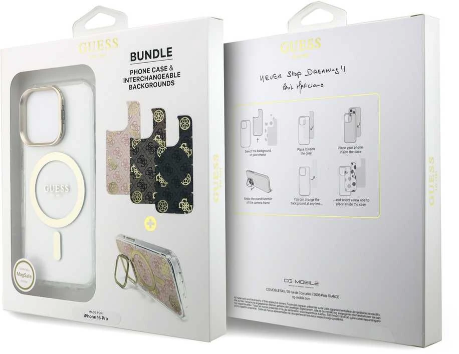 „Guess“ PC/TPU galvanizuoto stovo kameros rėmelis „MagSafe“ dėklas su keičiamais fonais, skirtas „Apple iPhone 16 Pro“