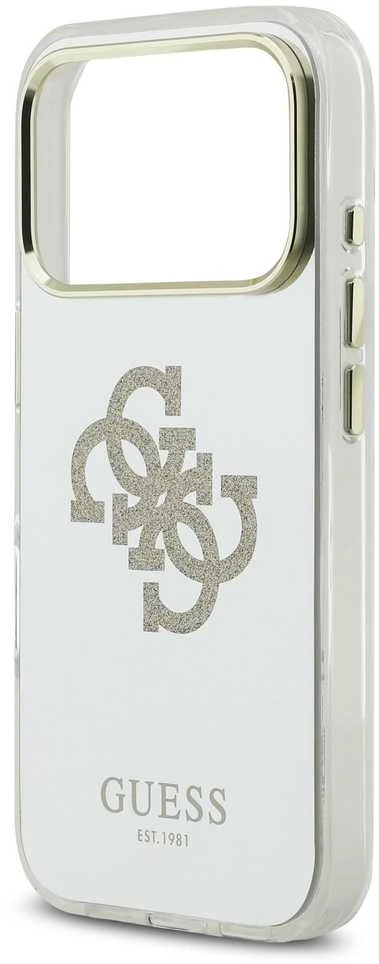 Guess PC/TPU Mirror 4G Glitter Logo MagSafe dėklas skirtas Apple iPhone 17 Pro Max Gold