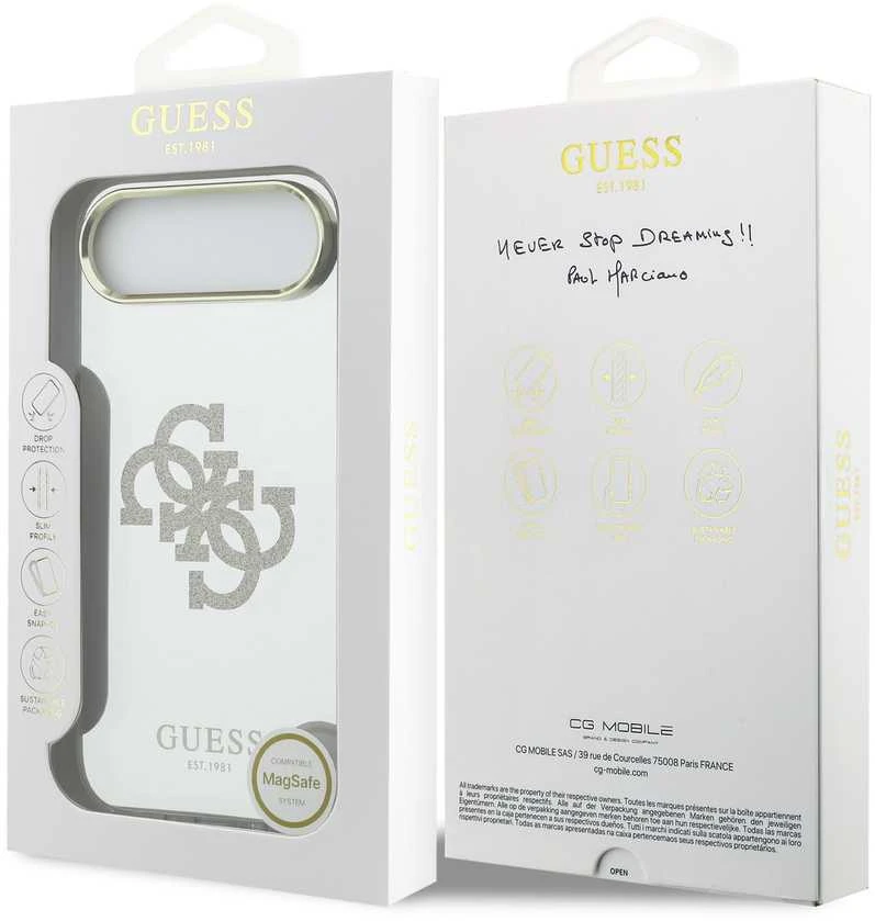 Guess PC/TPU Mirror 4G Glitter Logo MagSafe dėklas skirtas Apple iPhone Air Gold