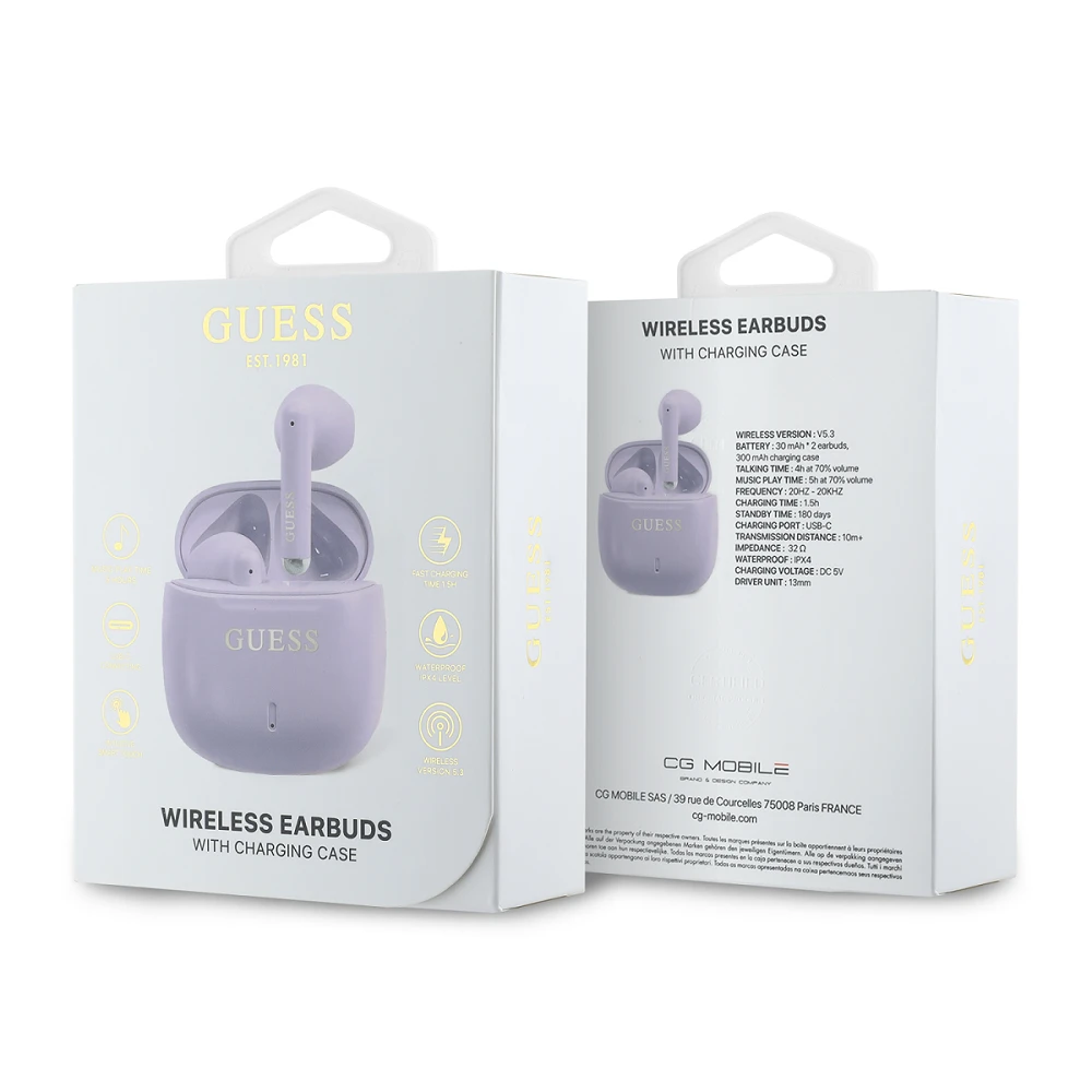 Guess Bluetooth ausinės GUTWSJ14ESGU TWS + docking station violetinė Printed Classic Logo