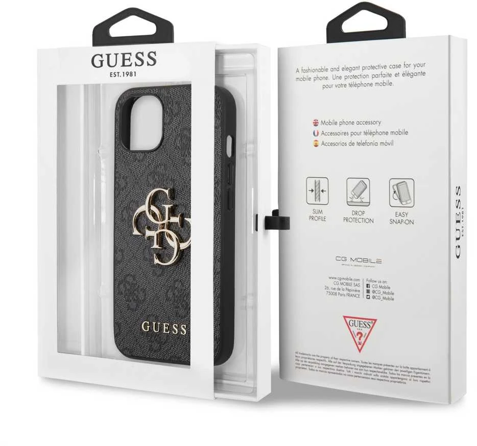 Guess Case GUHCP13M4GMGGR Apple iPhone 13 pilkas / pilkas kietas dėklas 4G didelis metalinis logotipas