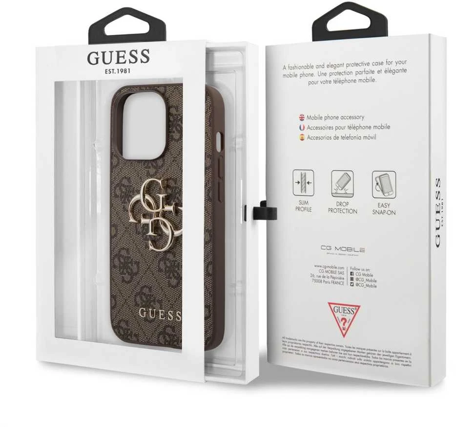 „Guess“ – „Guess PU 4G“ metalinis dėklas su logotipu, skirtas „iPhone 13 Pro“, rudas