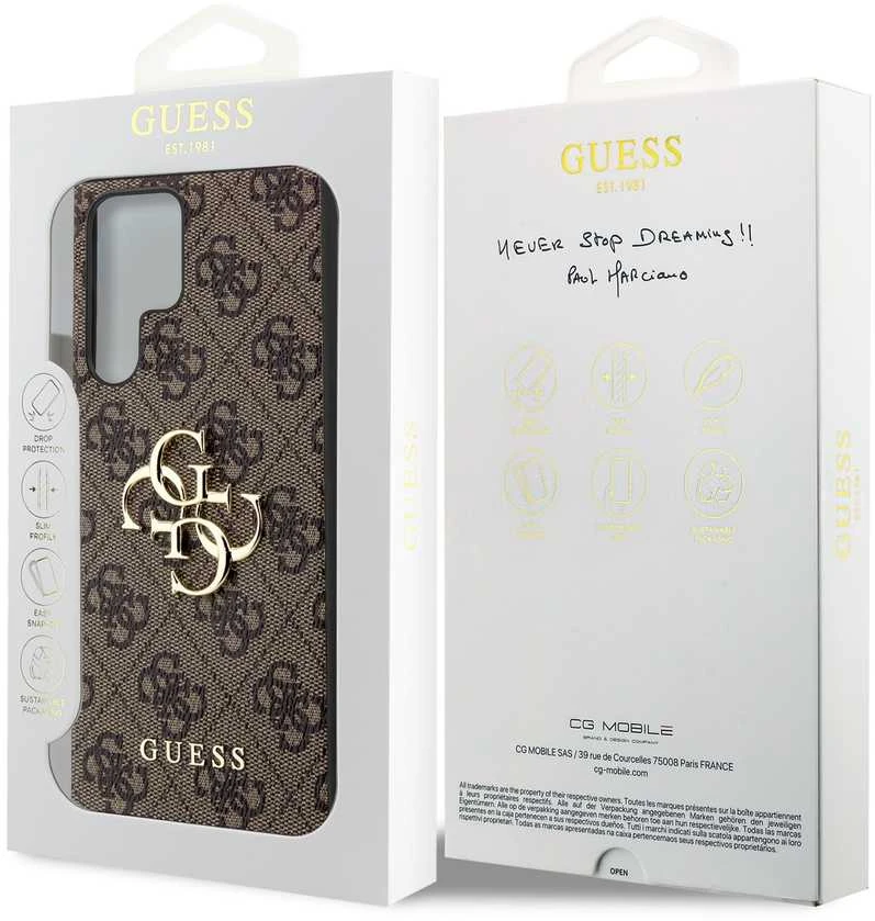 Guess PU 4G Metal Logo dėklas skirtas Samsung Galaxy S24 Ultra rudos spalvos