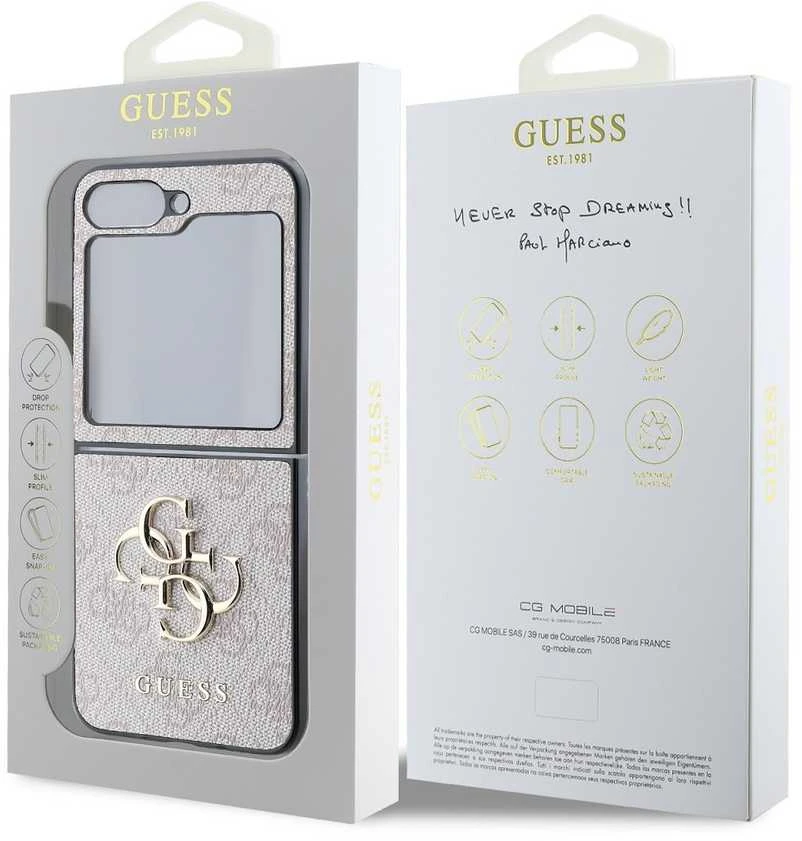 Guess PU 4G Metal Logo dėklas skirtas Samsung Galaxy Z Flip 6/7 FE rožinės spalvos