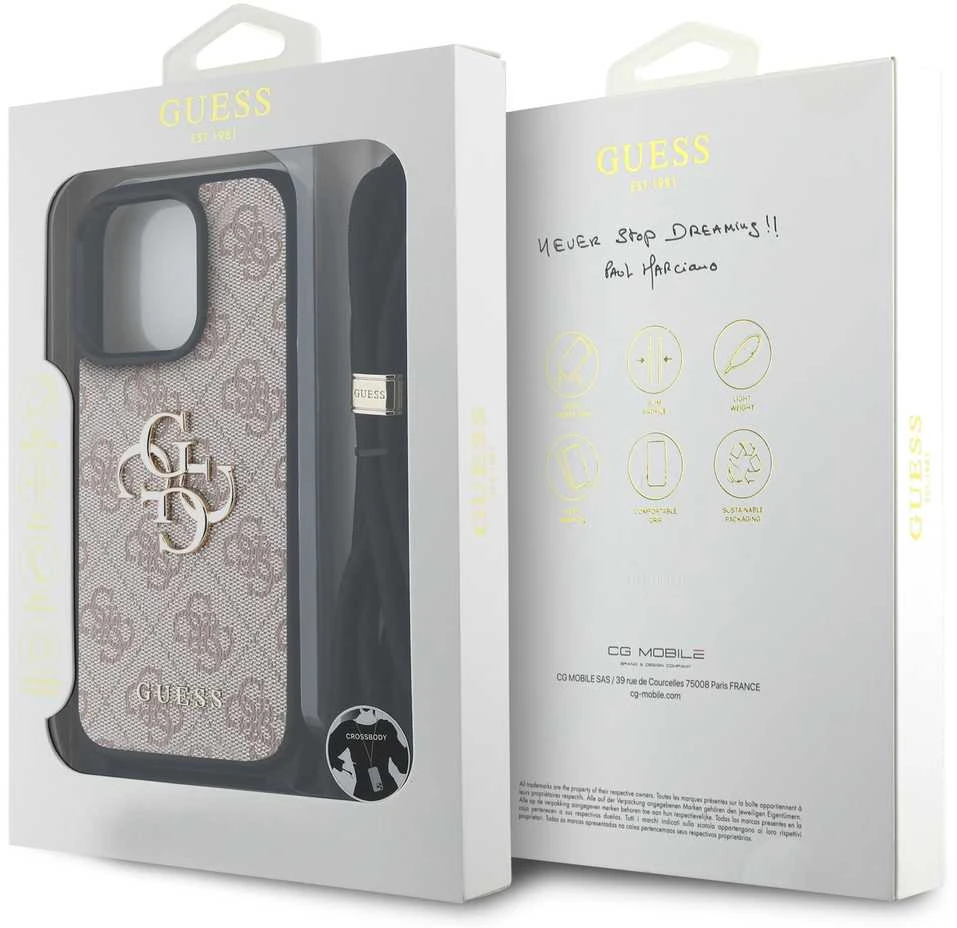 Guess PU 4G Metal Logo Crossbody Strap dėklas skirtas Apple iPhone 15 Pro Max rožinės spalvos