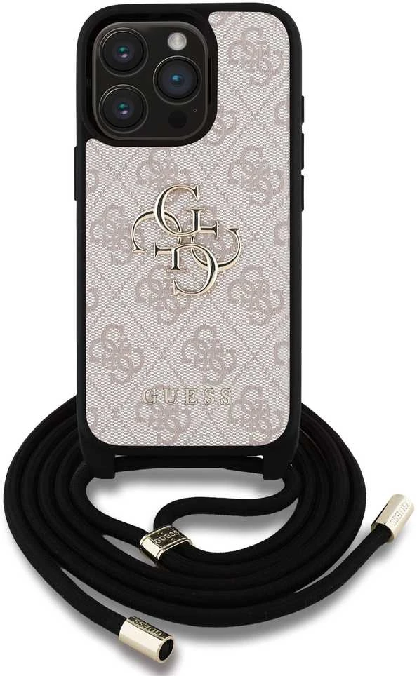 Guess PU 4G Metal Logo Crossbody Strap dėklas skirtas Apple iPhone 15 Pro rožinės spalvos