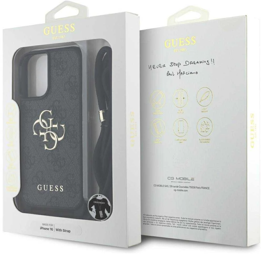 GUESS dėklas skirtas Apple iPhone 16 GUHCP16SP4GMGCRK (CBDY PU 4G Big Logo W/Cord Strap) juodos spalvos