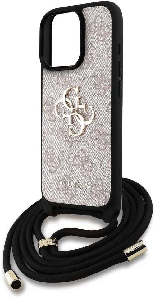 Guess PU 4G Metal Logo Crossbody Strap dėklas skirtas Apple iPhone 15 Pro rožinės spalvos