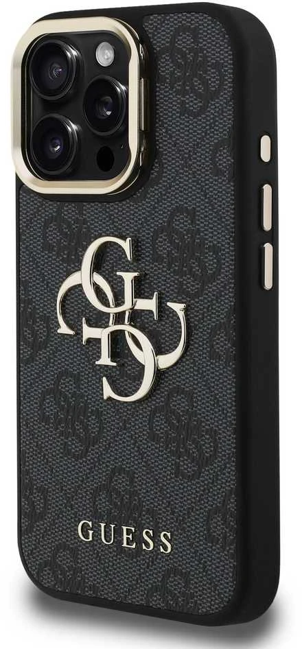 Guess PU 4G Metal Logo Stand Camera Frame dėklas skirtas Apple iPhone 16 Pro juodos spalvos